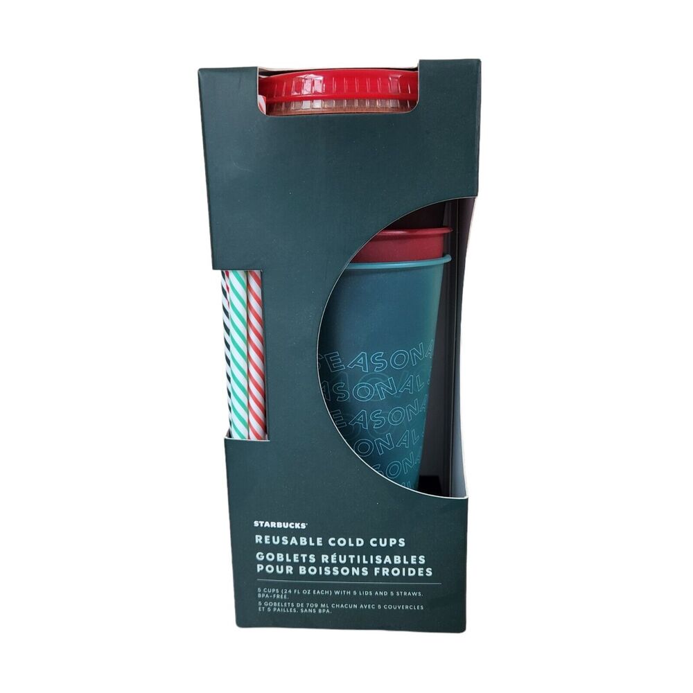 Starbucks Reusable Cold Cups Seasonal Shine Christmas Holiday Green Red Straws